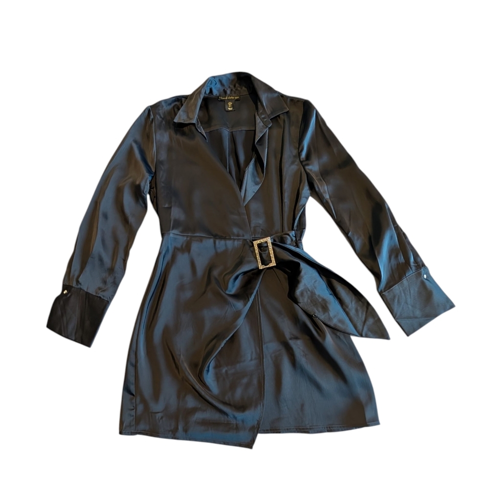 House of Harlow 1960 Black Satin Rhinestone Buckle Wrap Mini Dress | Size S - Picture 3 of 12